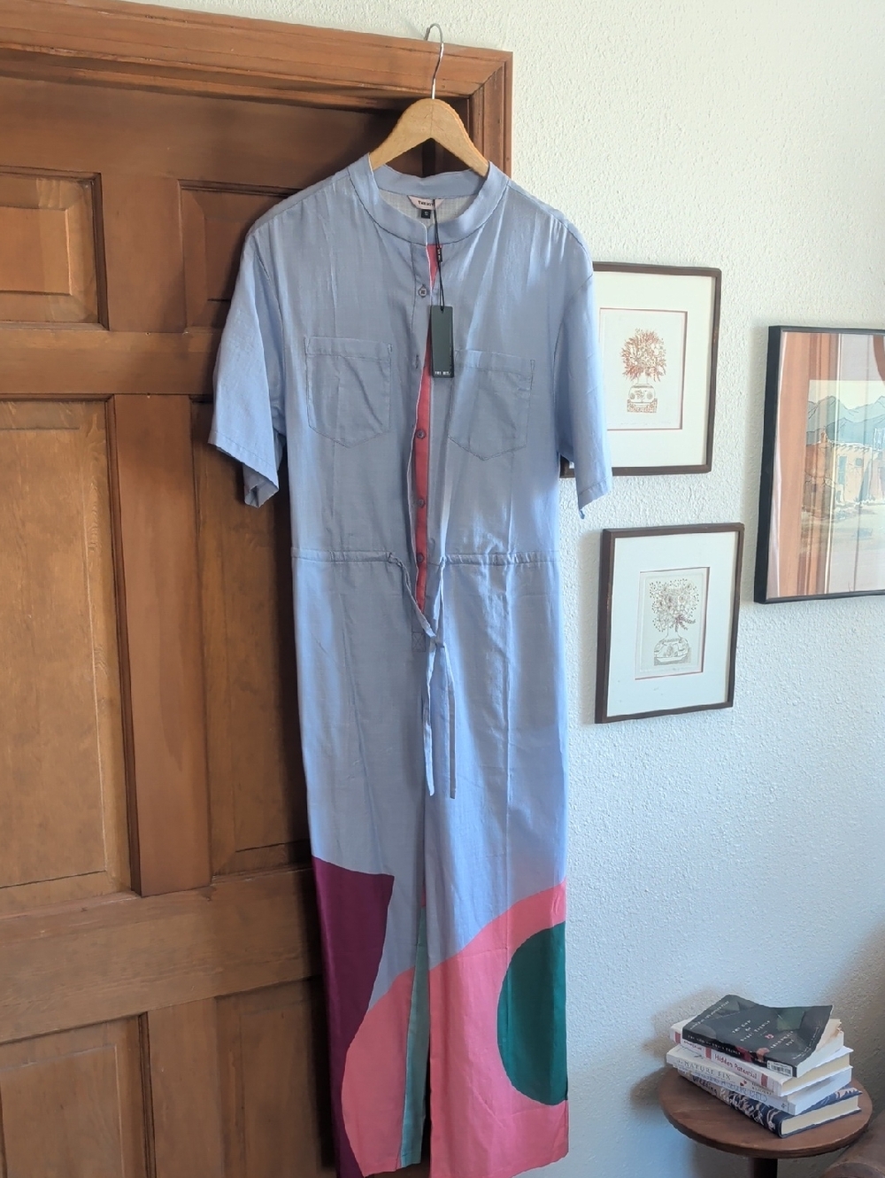 The Kit Light Blue Colorblock Button-Front Jumpsuit with Pink & Teal Panels